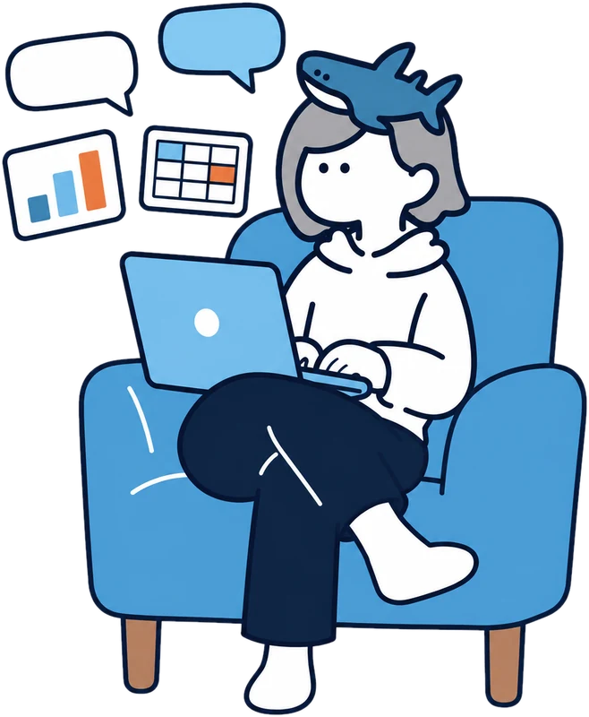 サメの帽子をかぶったキャラクターが、ノートPCのAIに話しかけて広告の数字を受け取っている
