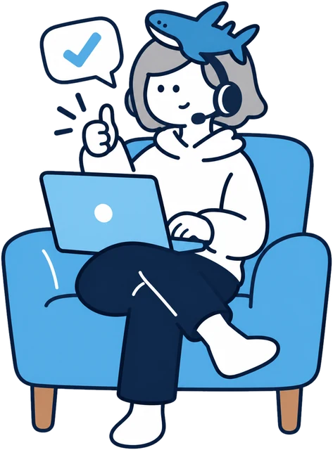 ヘッドセットをつけたキャラクターが、ノートPCの前で親指を立てている