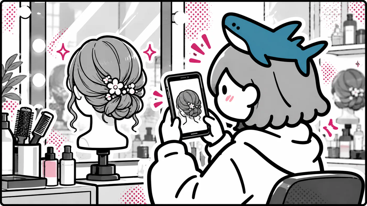 スマホでヘアスタイルを撮影している挿絵