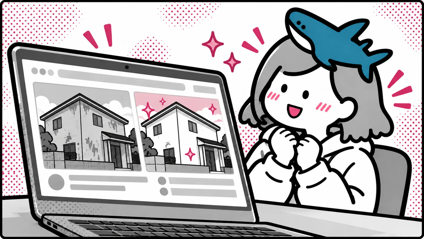 塗装前と塗装後の家の写真を並べた施工事例のページを見ている挿絵