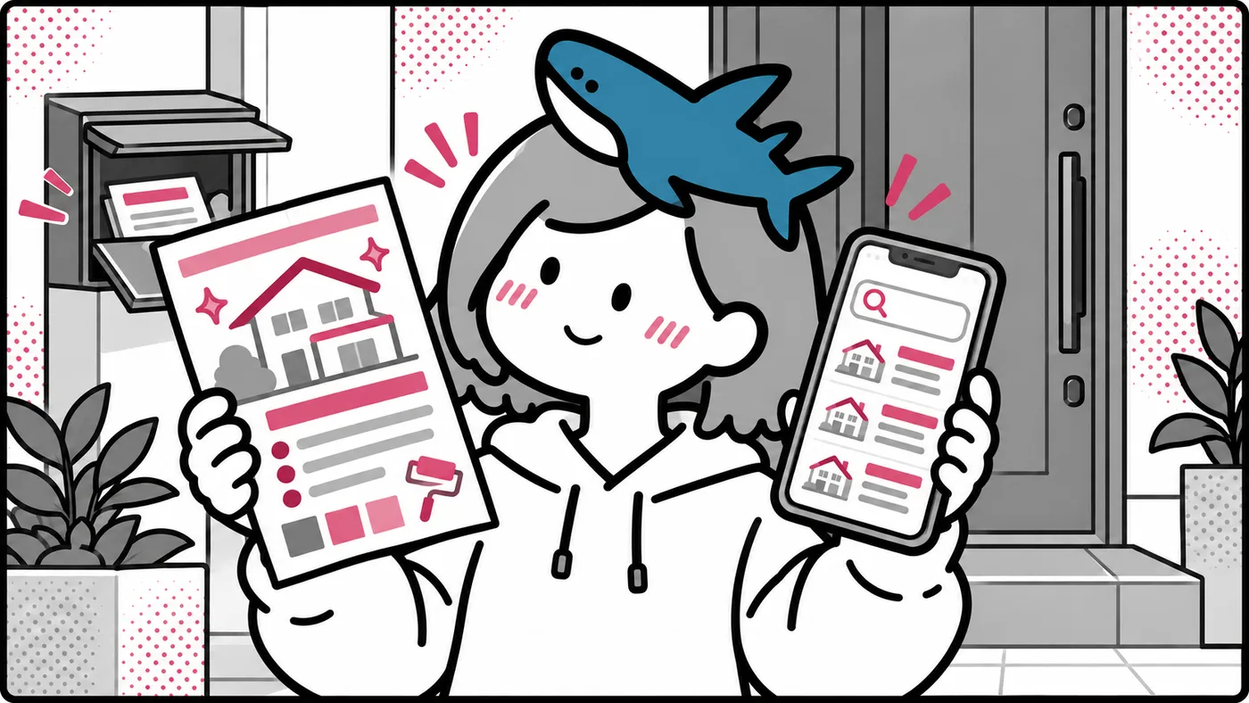 ポストに届いた塗装のチラシと、スマホの検索画面を見比べている挿絵