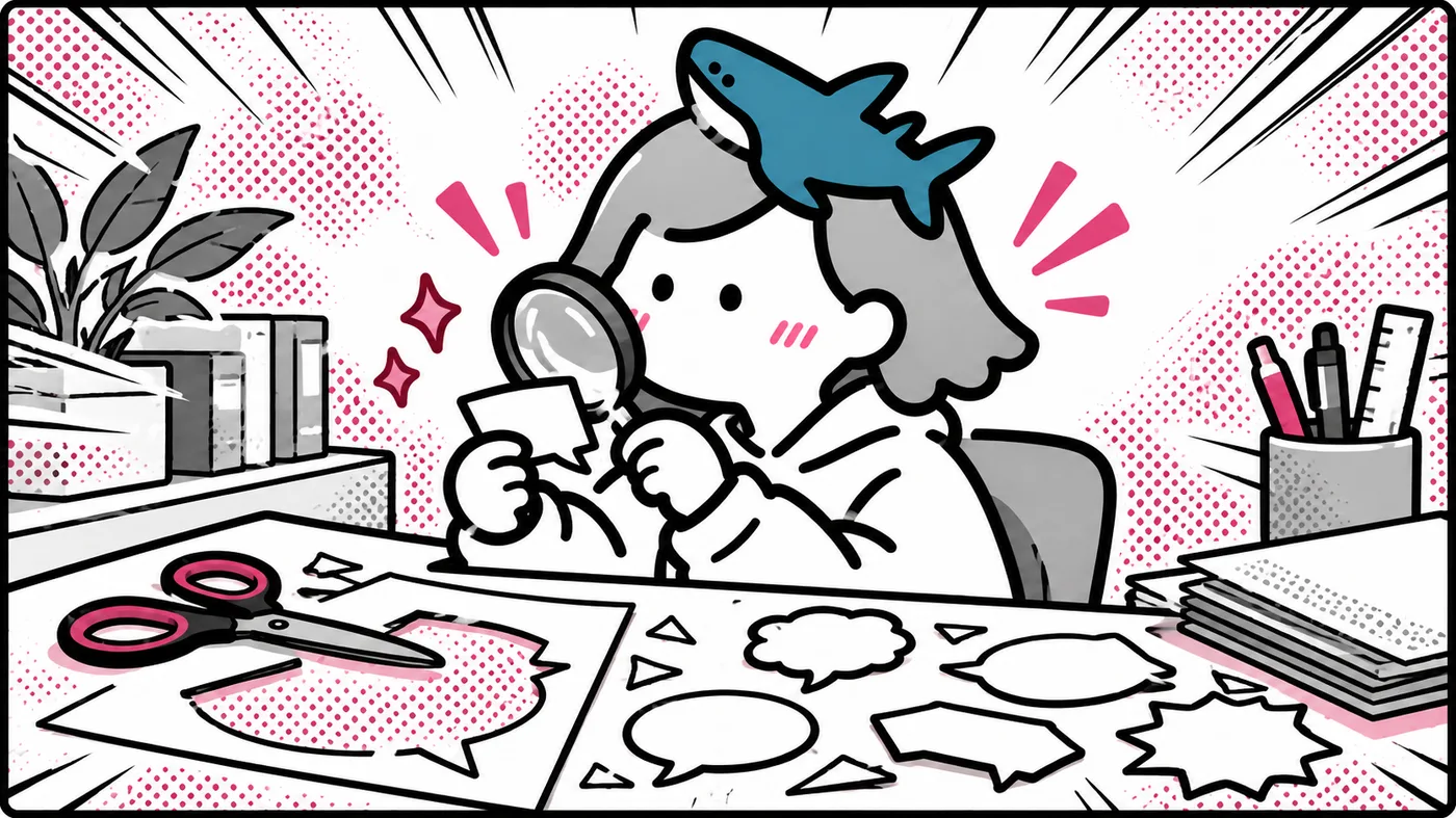 大きな質問の吹き出しを小さく切り分けて、1つずつ虫眼鏡で調べているイラスト。AIモードが質問を分けて検索する仕組みのたとえ