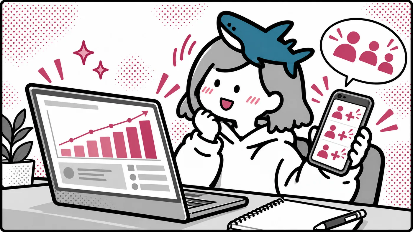 運用レポートで広告ごとの友だち追加の数を確かめている挿絵