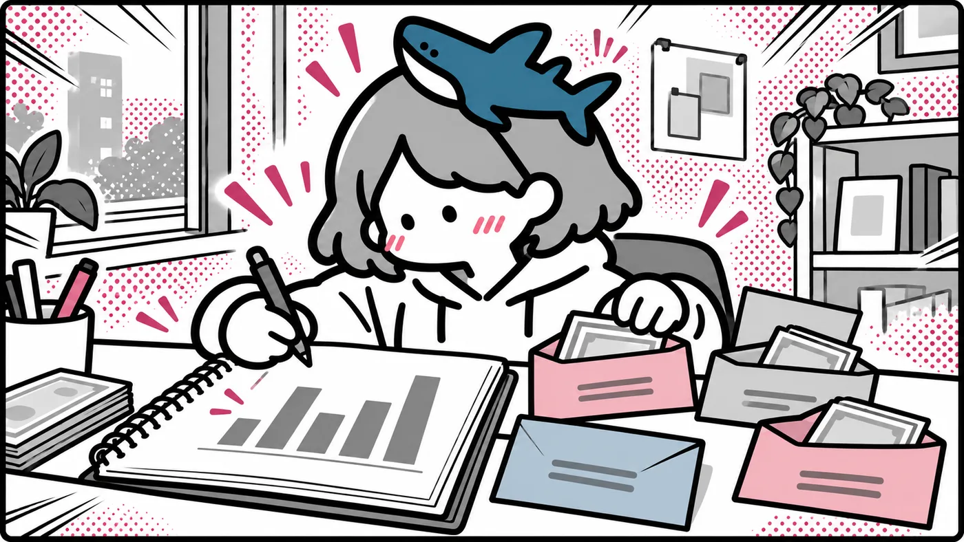 棒グラフを描きながら、広告の予算を封筒に分けている挿絵