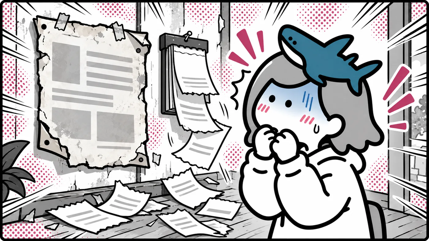 黄ばんでめくれた古い案内の紙を見て青ざめているイラスト。手で書いたllms.txtが古いまま残っていた失敗のたとえ