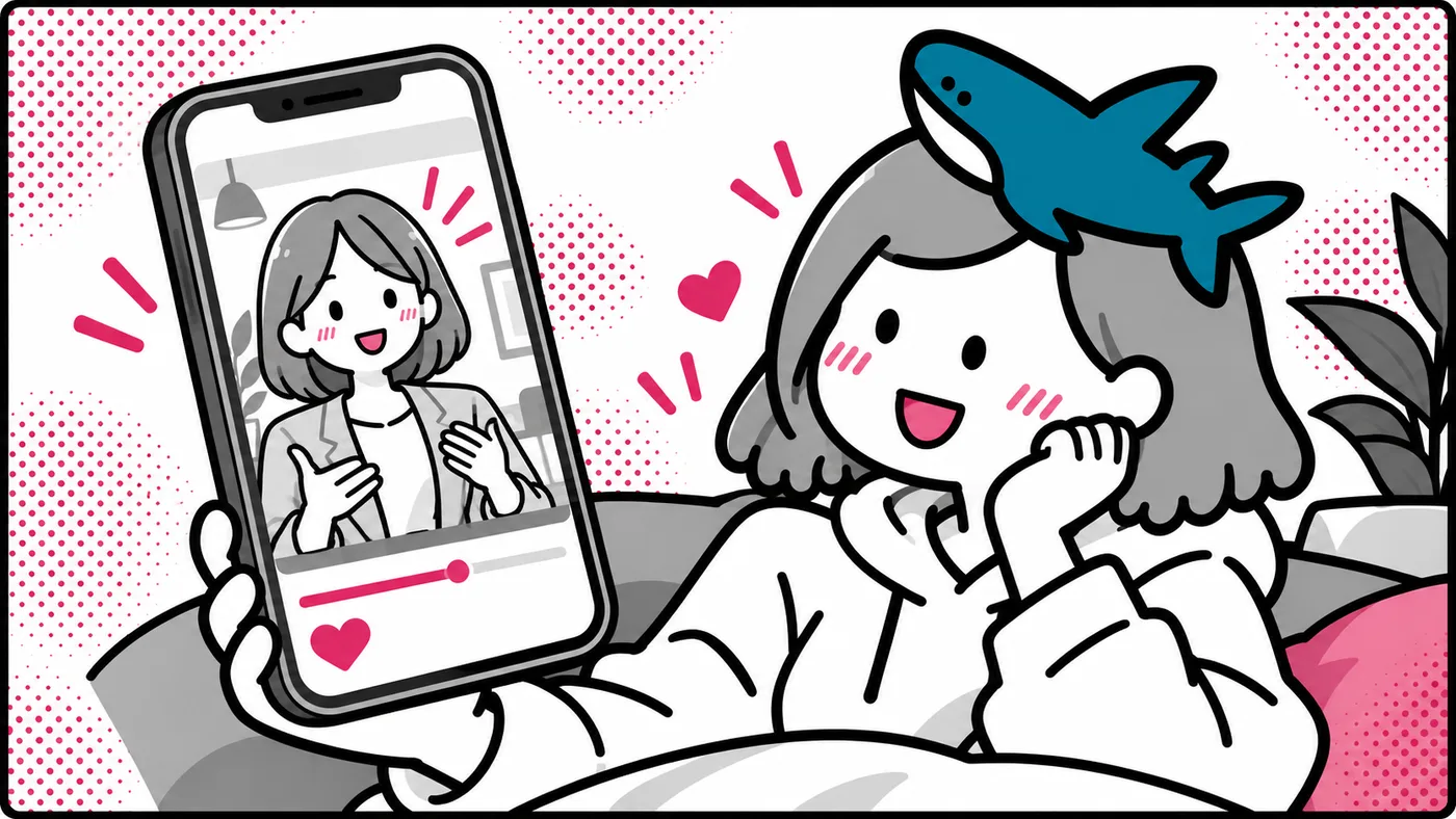スマホで、結婚相談所のカウンセラーが話すリール動画を見ている挿絵