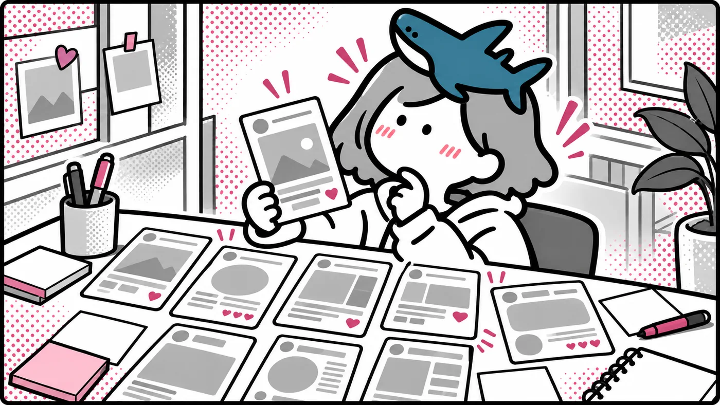 広告の画像を何枚も並べて選んでいる挿絵