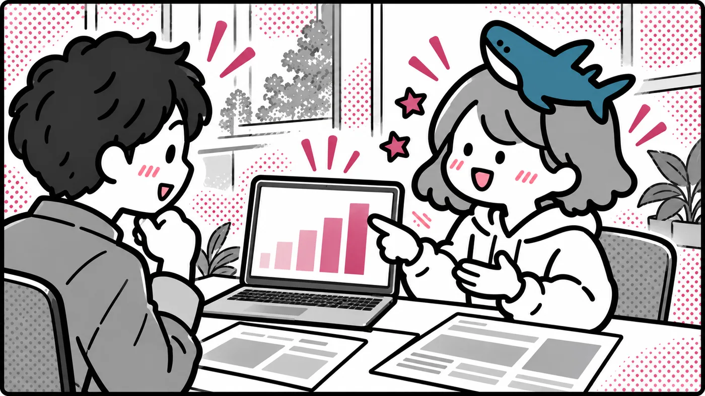 広告のレポートを見せながら説明している挿絵