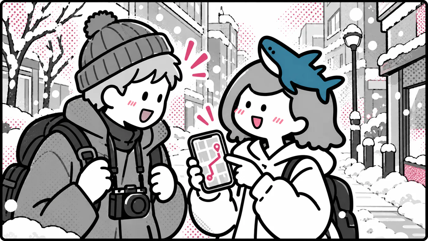 雪の街角で、カメラを下げた旅行者にスマホの地図で道を案内している挿絵