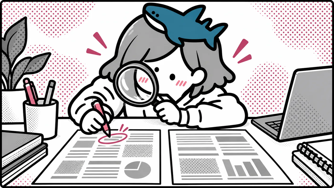 2枚の書類を並べて、虫めがねで見比べながら赤ペンで印を付けている挿絵