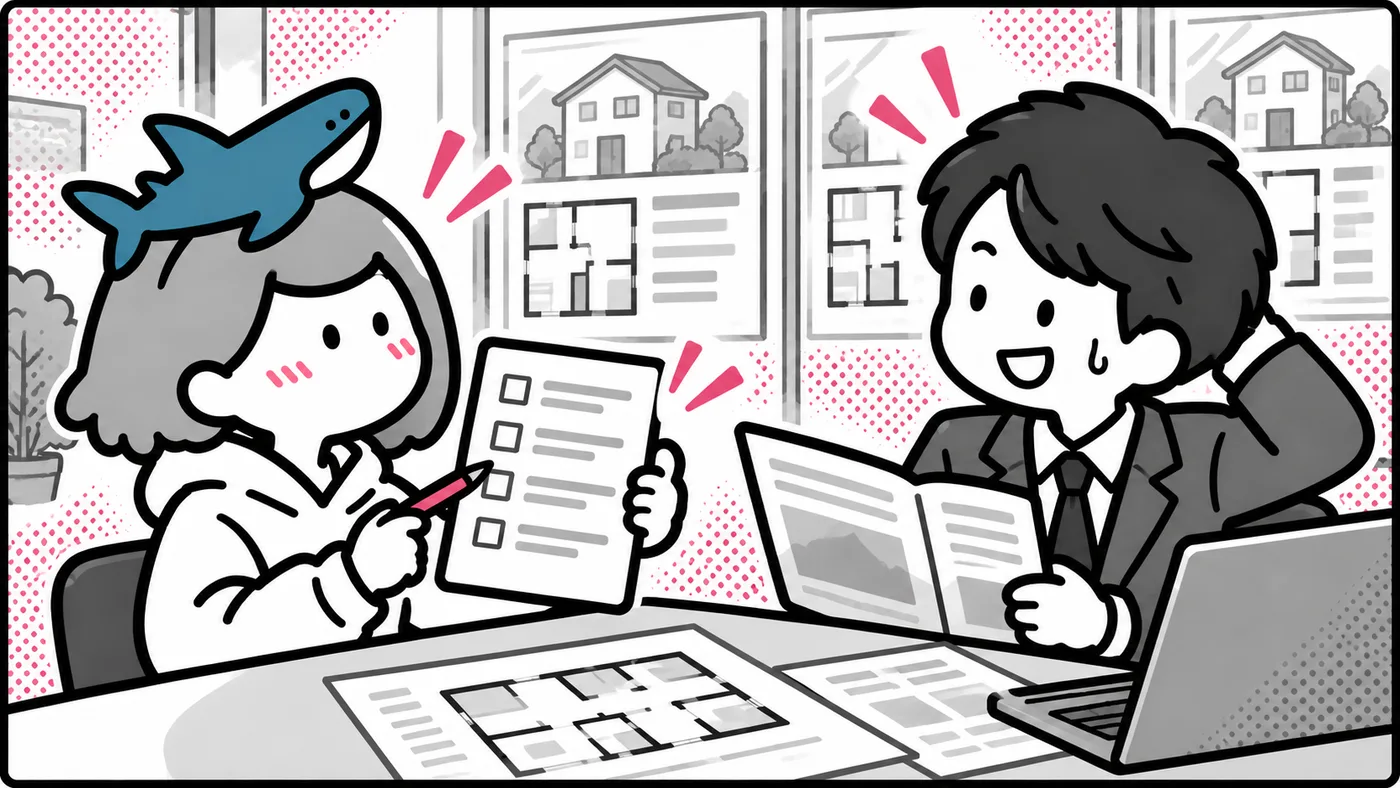不動産会社の担当者が、広告代理店との初回の打ち合わせで質問のメモを見ながら確かめている挿絵
