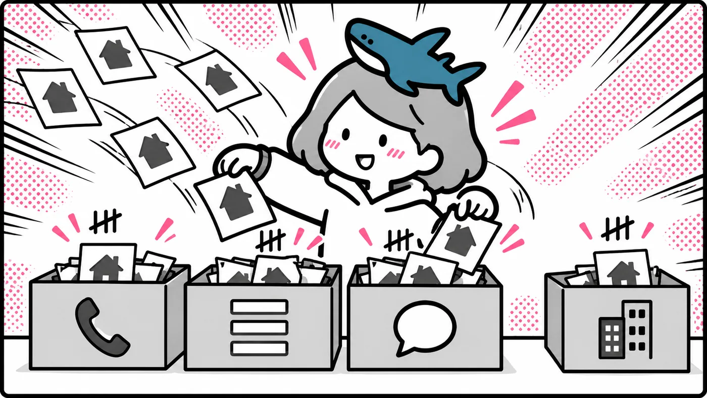 電話、フォーム、LINEから届いた査定の反響を、入口ごとに分けて数えている挿絵