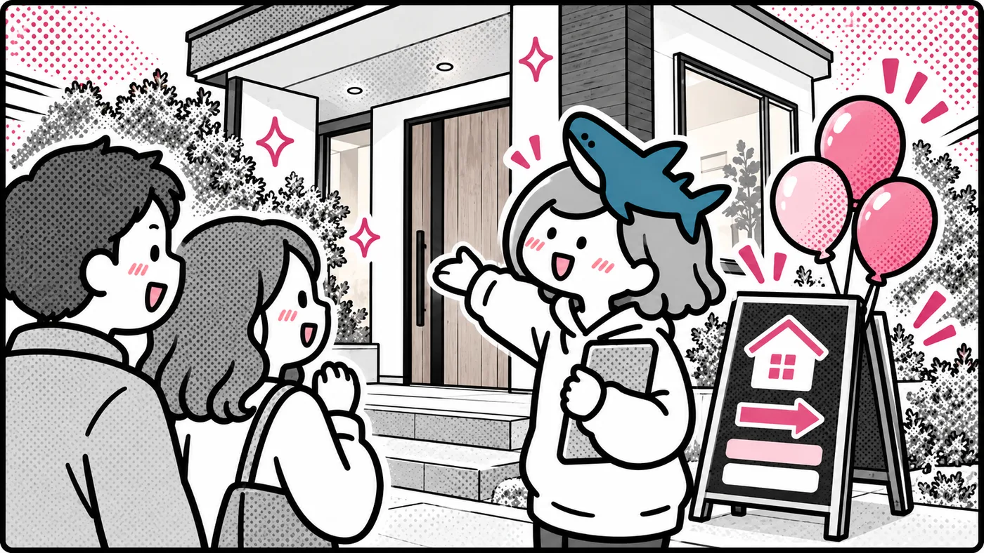 リフォームした家の見学会で、訪ねてきた夫婦を迎えている挿絵