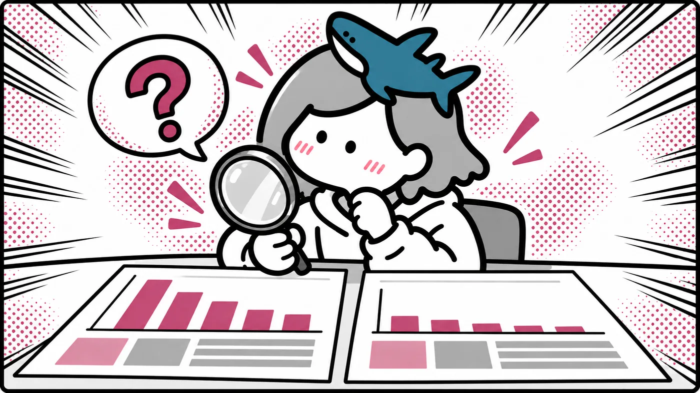 生成AIでの表示回数と通常の検索の数字を、2枚のグラフの紙で見比べているイラスト