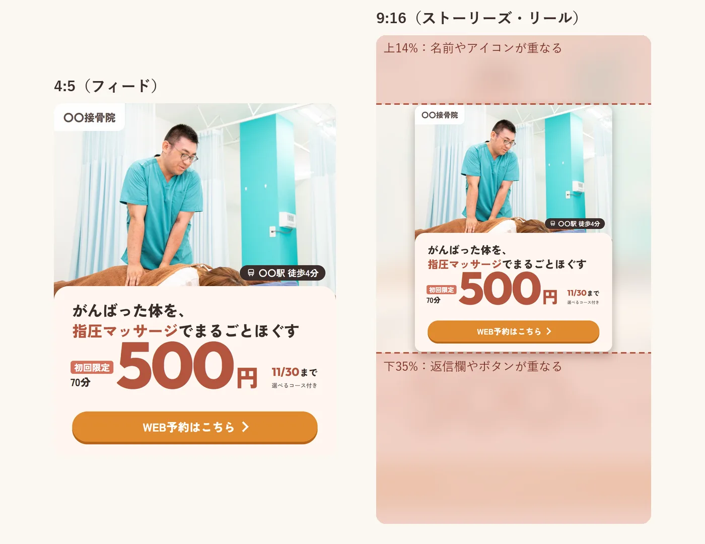 同じ広告の4:5と9:16。9:16では、上下の色をつけた帯に文字がかからないように絵を縮めている