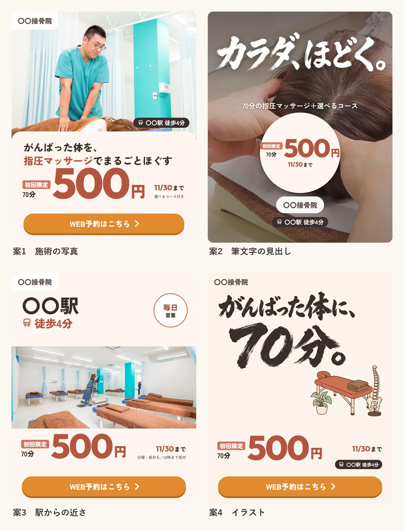 同じ院の広告4案。施術の写真、筆文字の見出し、駅からの近さ、イラストで、上半分の見せ方だけを変えている