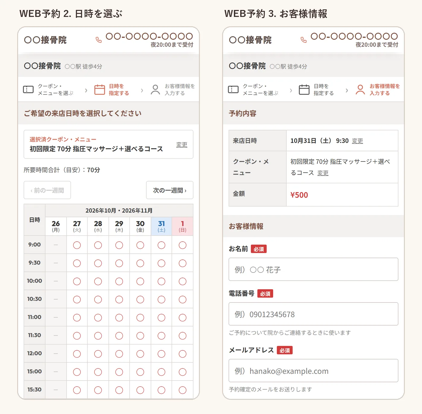 WEB予約の2つ目と3つ目の画面。日時の表で○を押すと、予約内容とお客様情報の入力に進む