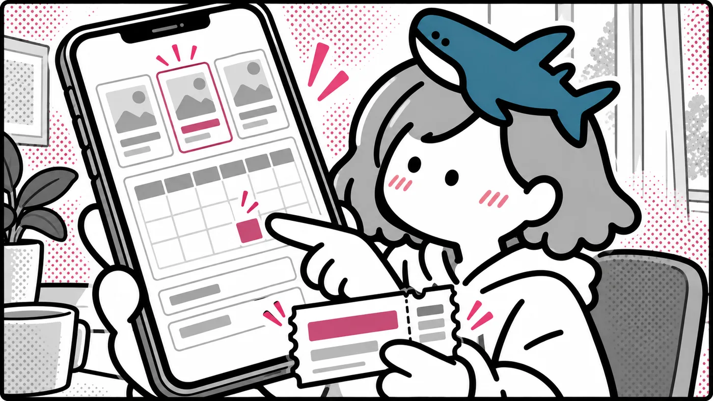 スマホの予約画面を操作しながらクーポン券を手に持っている挿絵