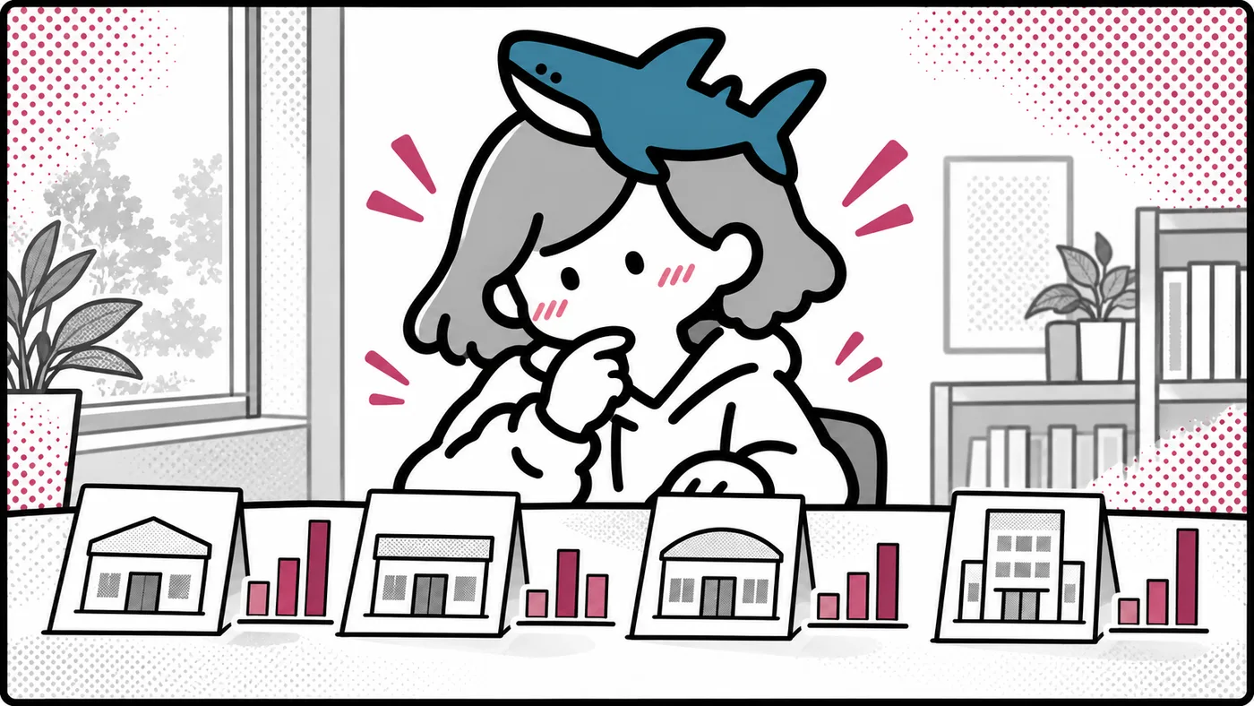 4つの院の看板カードと高さの違う棒グラフを見比べている挿絵