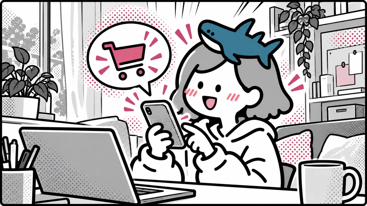 スマホに届いたチャットの通知に、カートのアイコンが浮かんでいる挿絵
