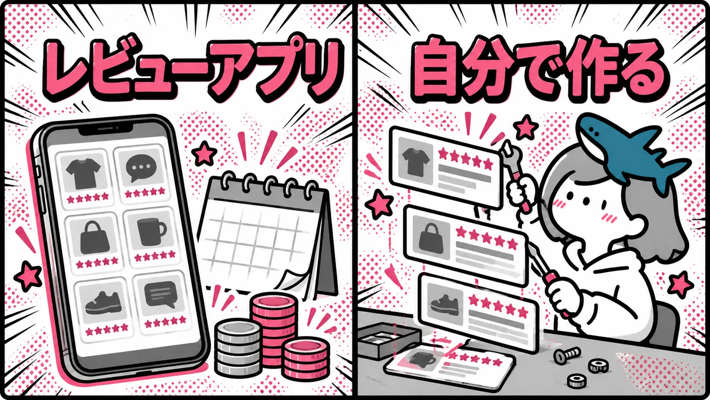 左に「レビューアプリ」としてアプリのアイコンが並ぶスマホと月ごとのカレンダーと積み上がったコイン、右に「自分で作る」としてサメの帽子の女の子が工具で口コミ欄を組み立てている比較の挿絵