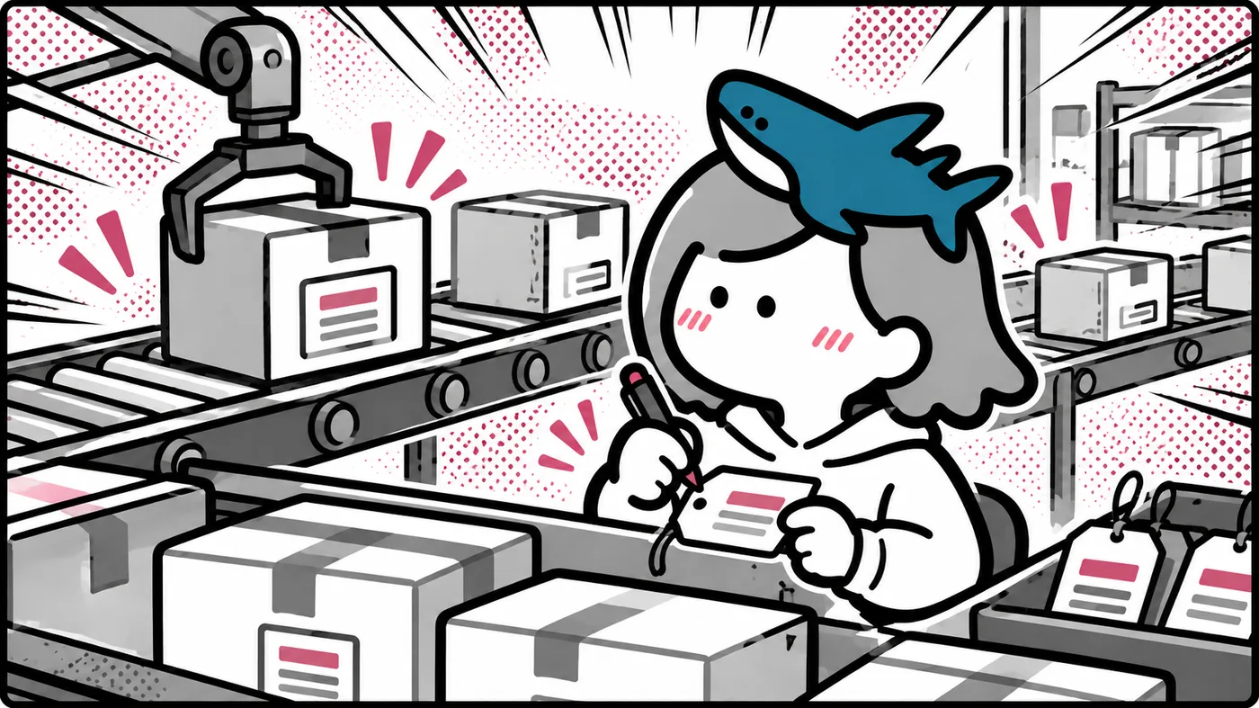 ベルトコンベアで自動で流れてくる箱を見送りながら、手元の値札に自分で書き込んでいるイラスト。Shopifyが自動でやることと自分でやることのたとえ