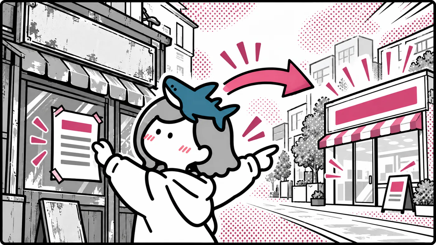 古いお店に引っ越しのお知らせを貼り、新しいお店を指さしているイラスト。ストアを移したときの転送のたとえ