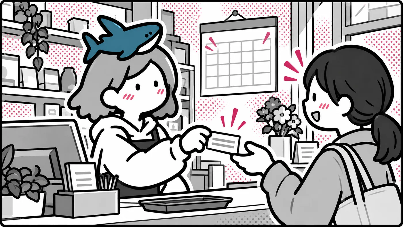 お店のカウンターで、来てくれたお客さんにカードを手渡している挿絵
