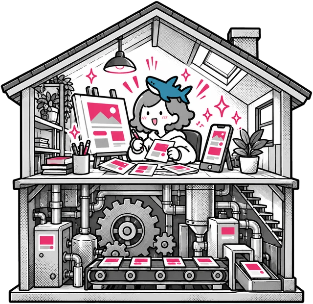 2階建ての家の断面。1階は機械室、2階はページを作るアトリエ