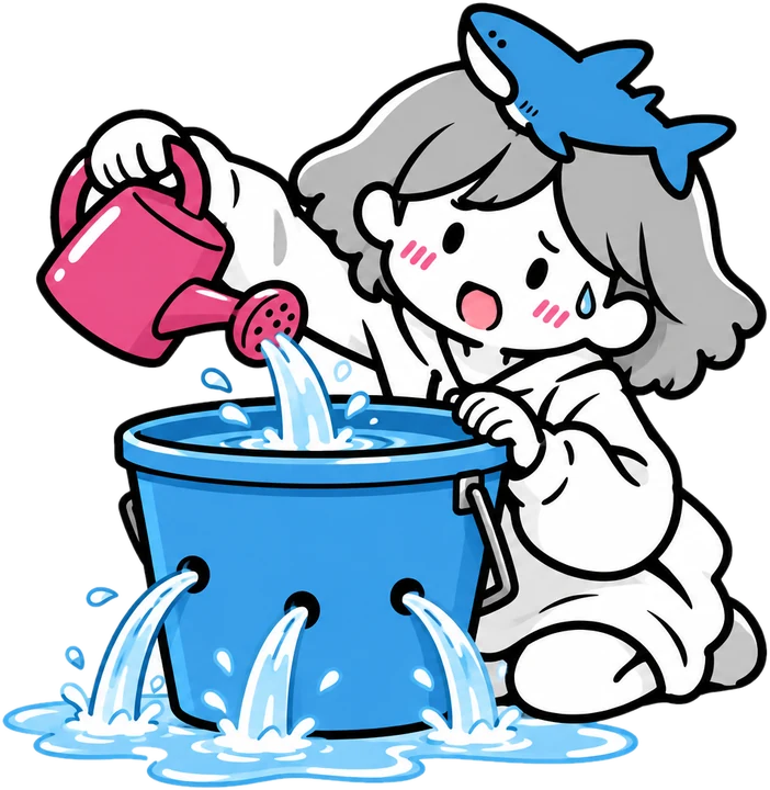 じょうろで水を注いでいるのに、バケツの3つの穴から水が漏れていて困っている女の子