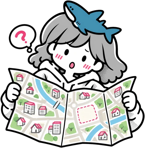 自分のお店だけ載っていない地図を広げて、首をかしげる女の子