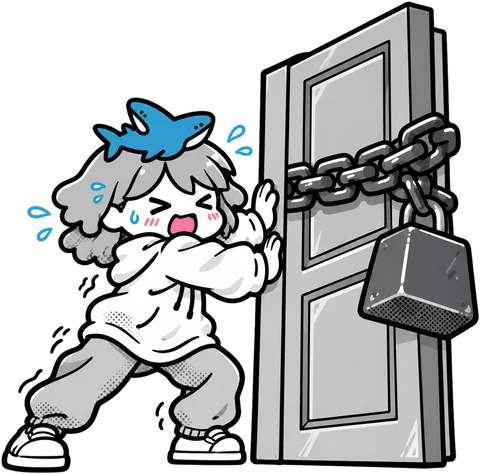 鎖と重りのついた重い扉を、両手で押している女の子